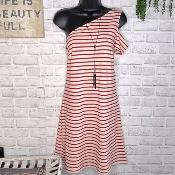 Anthropologie Maeve Marketa One-Shoulder Dress Red White Stripes Size Medium - Picture 2 of 12
